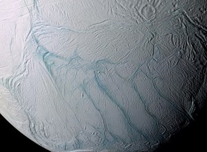 Enceladus and it's tiger stripes near the south pole (Image courtesy of NASA)